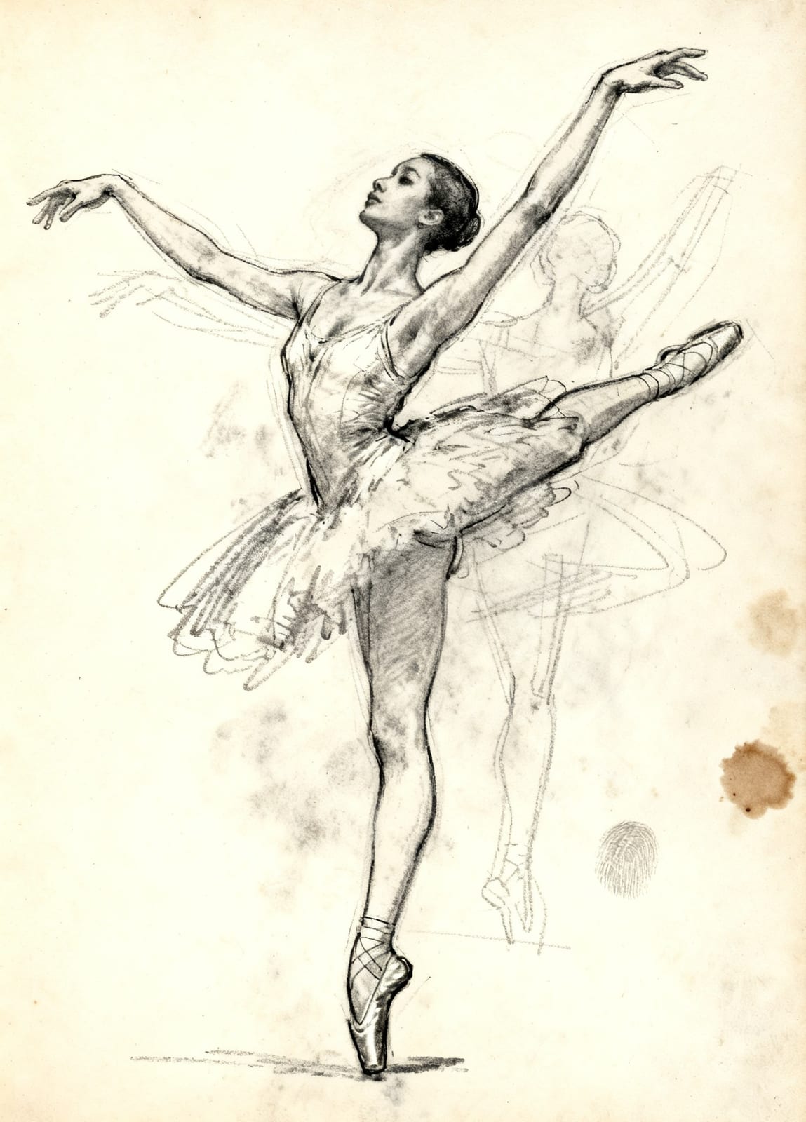 Charcoal sketch of a ballerina en pointe in a tutu, arms spread wide, with the faint outline of a second pose behind her