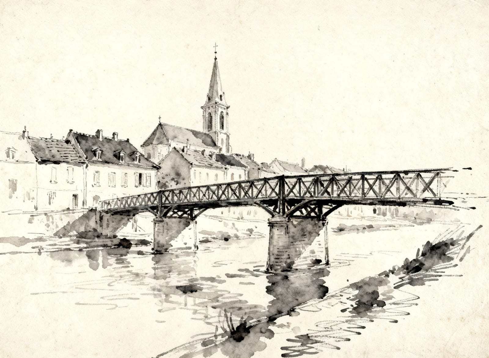 Ink wash drawing of a truss bridge over a river, with houses and a church spire behind it