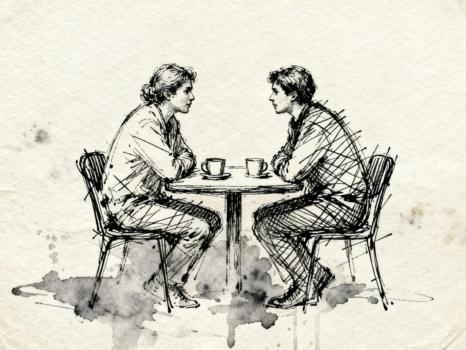 Pen drawing of two people facing each other across a small café table with two cups, grey ink washes beneath them