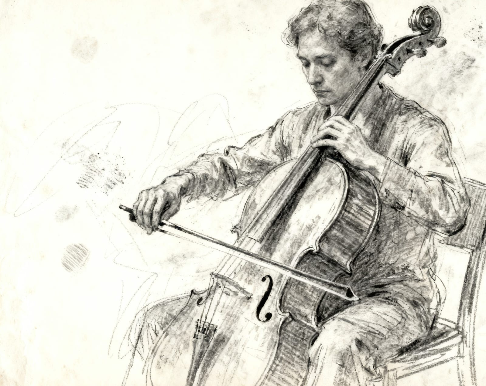 Pencil drawing of a cellist on a chair, eyes lowered, the bow on the strings