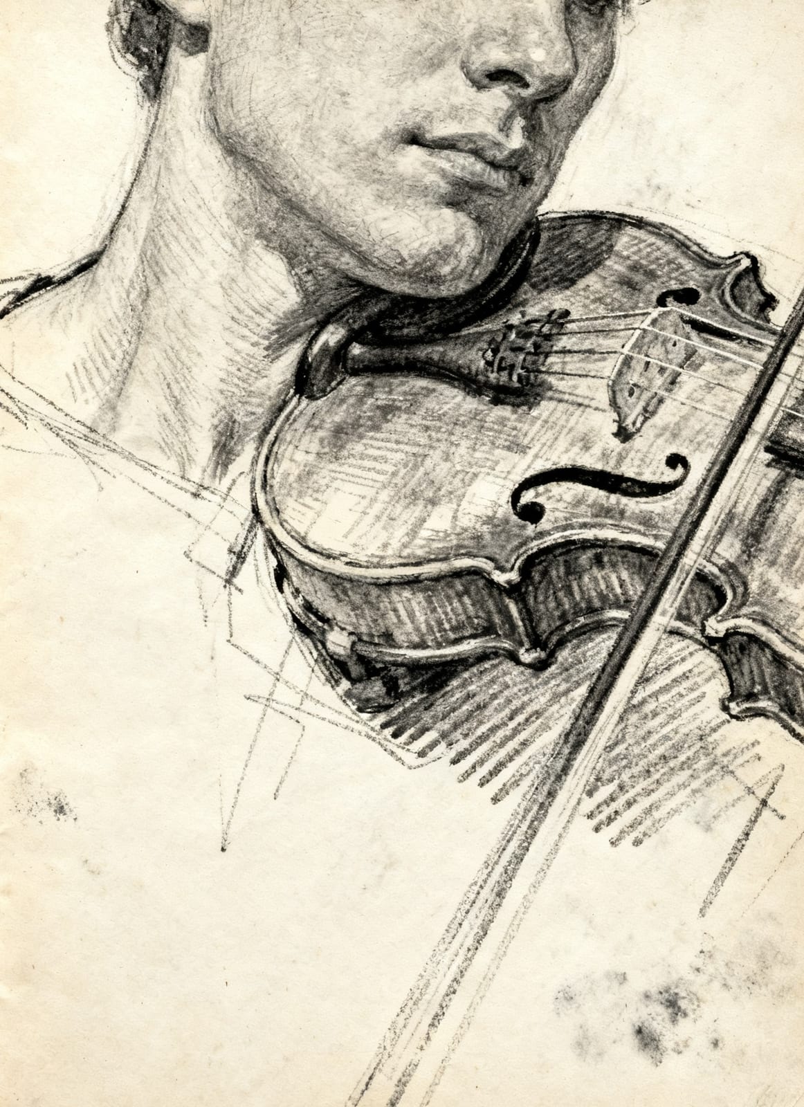 Pencil drawing of a violin under a player’s chin, cropped close, the bow running across the sheet
