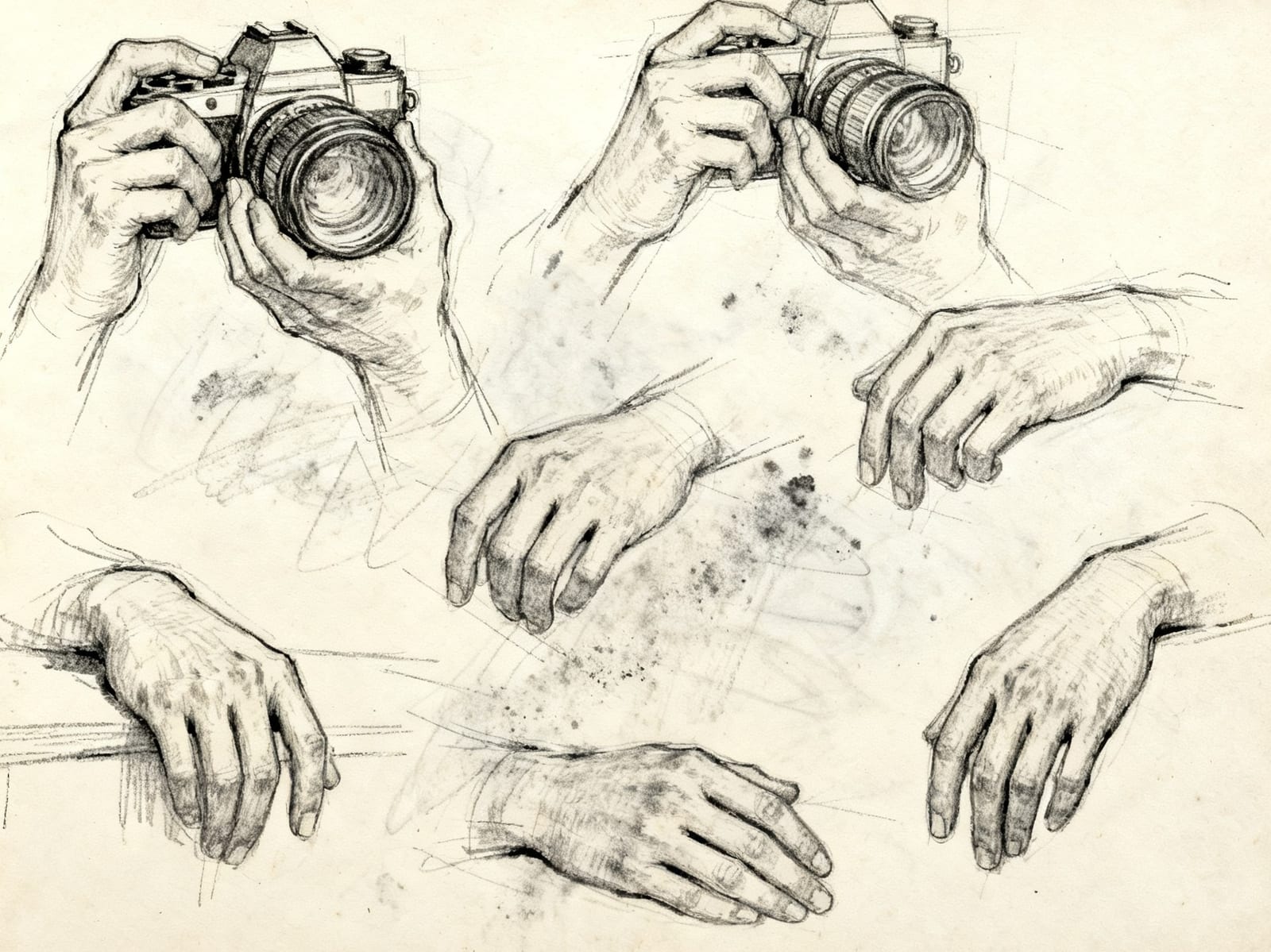Study sheet of hands in pencil: an SLR camera held in both hands, twice, and four single relaxed hands