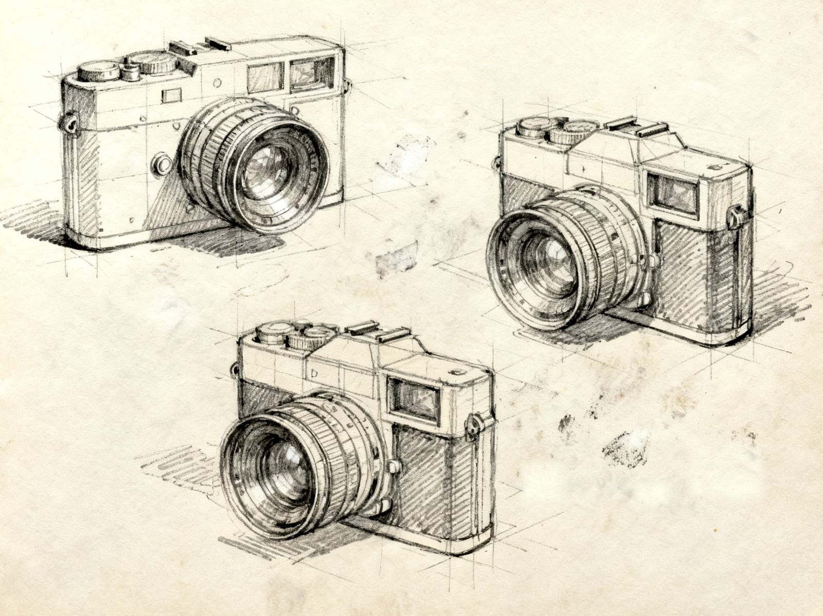Pencil study of three rangefinder cameras from different angles, with construction lines and hatching