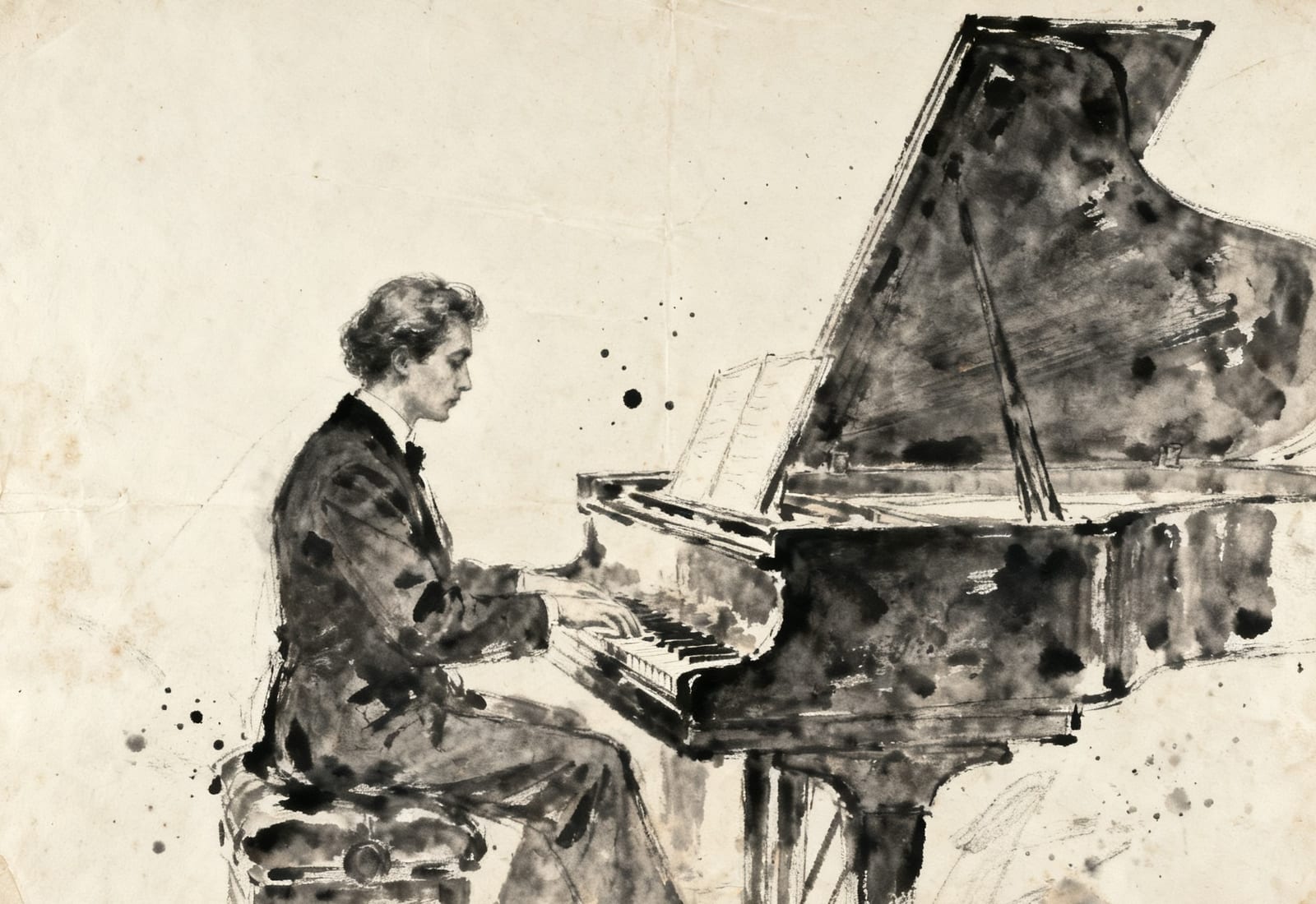Ink drawing of a pianist in tails at an open grand piano, with splatters and washes