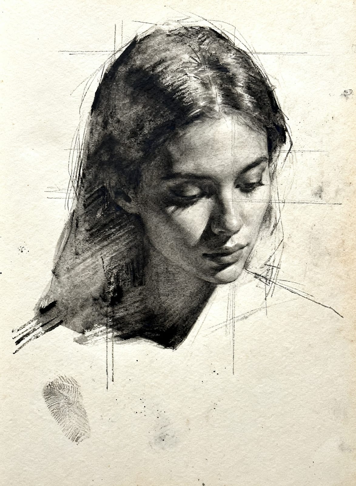 Charcoal portrait of a young woman looking down, her dark hair in broad strokes, surrounded by construction lines