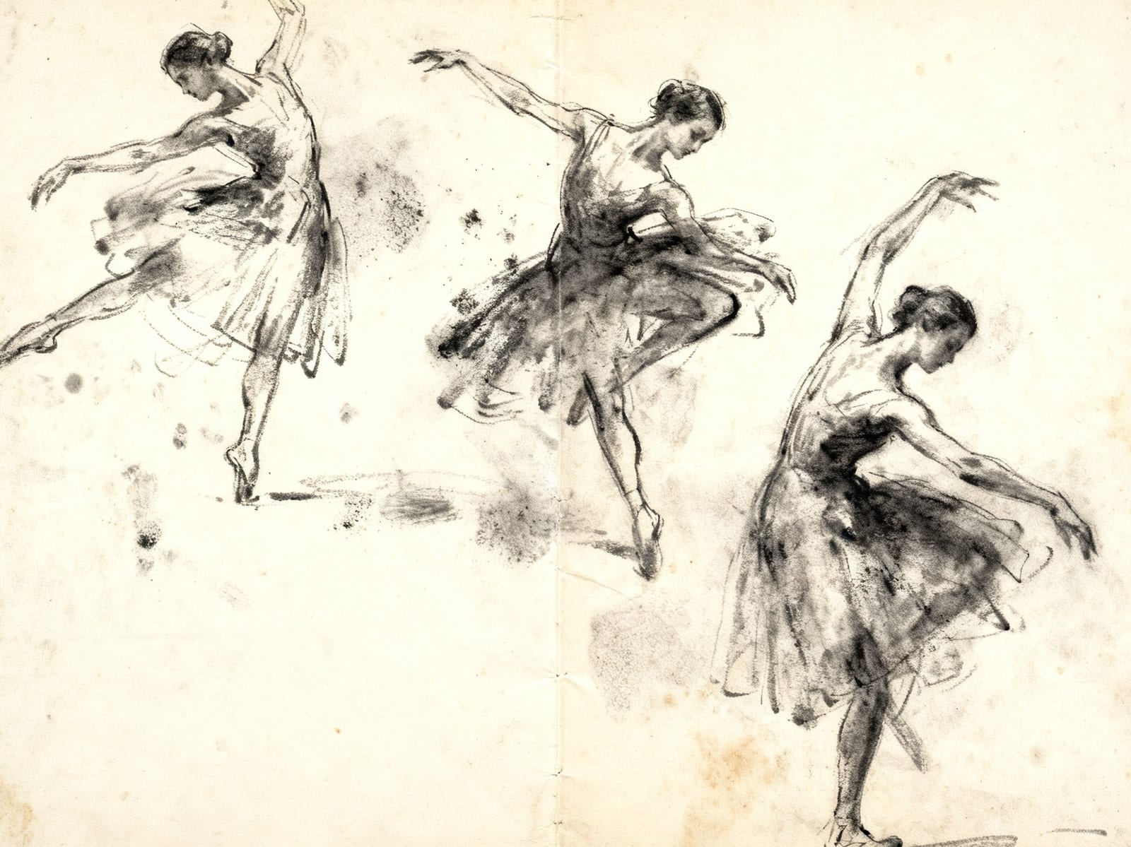 Charcoal sketch of a dancer in three phases of a movement side by side, her skirts smudged