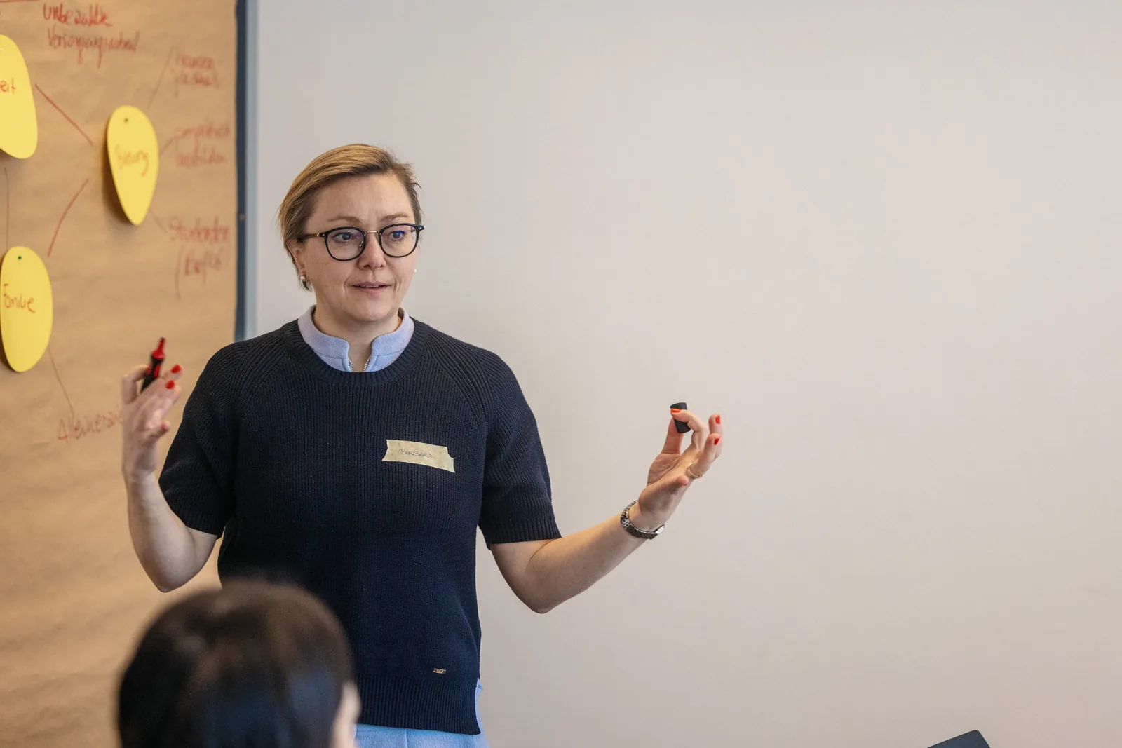 Speaker in front of a bright, quiet wall during a talk