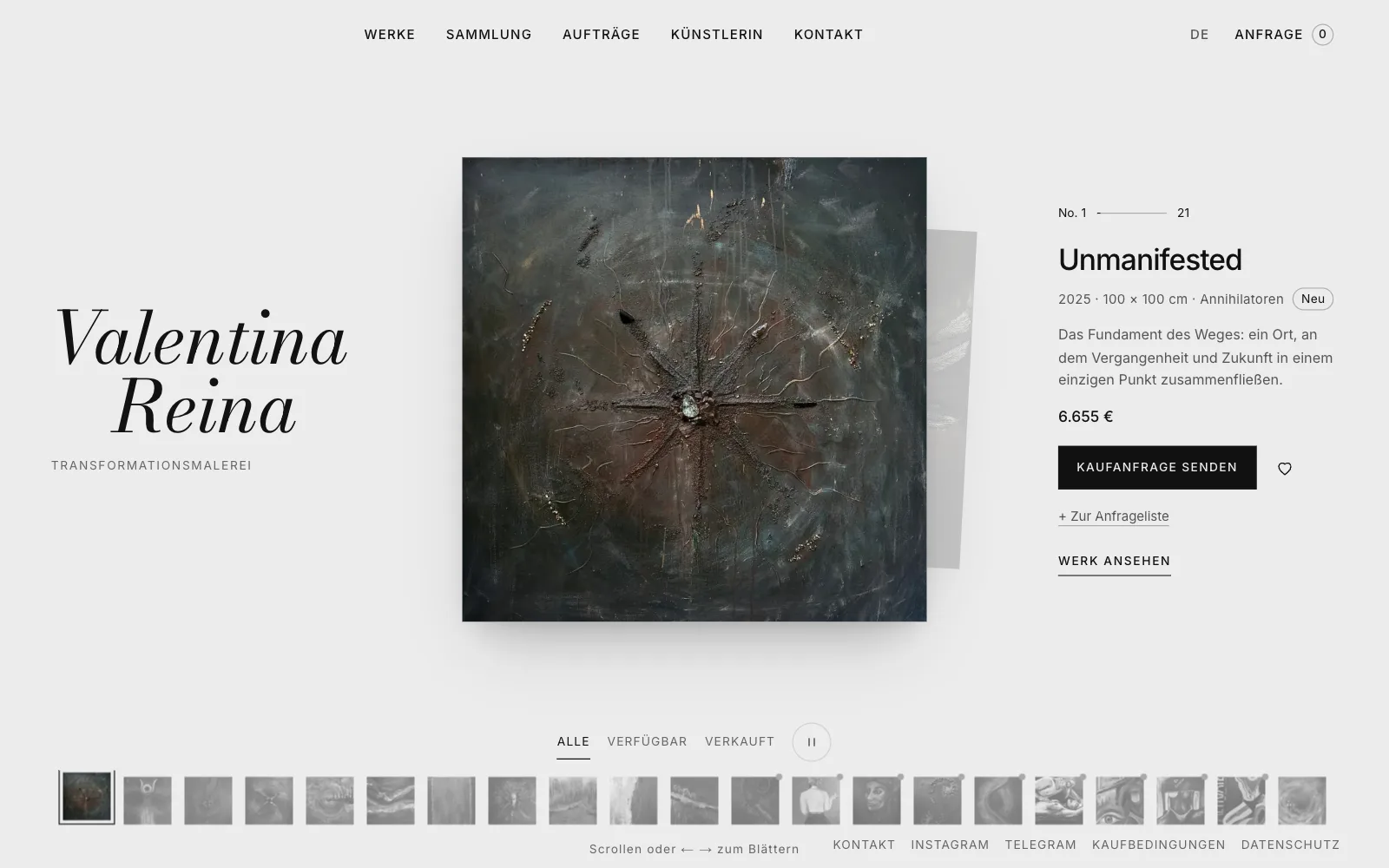 The home page of valentina-reina.com: the name in italics, a dark painting in the middle, with title, size and price on the right