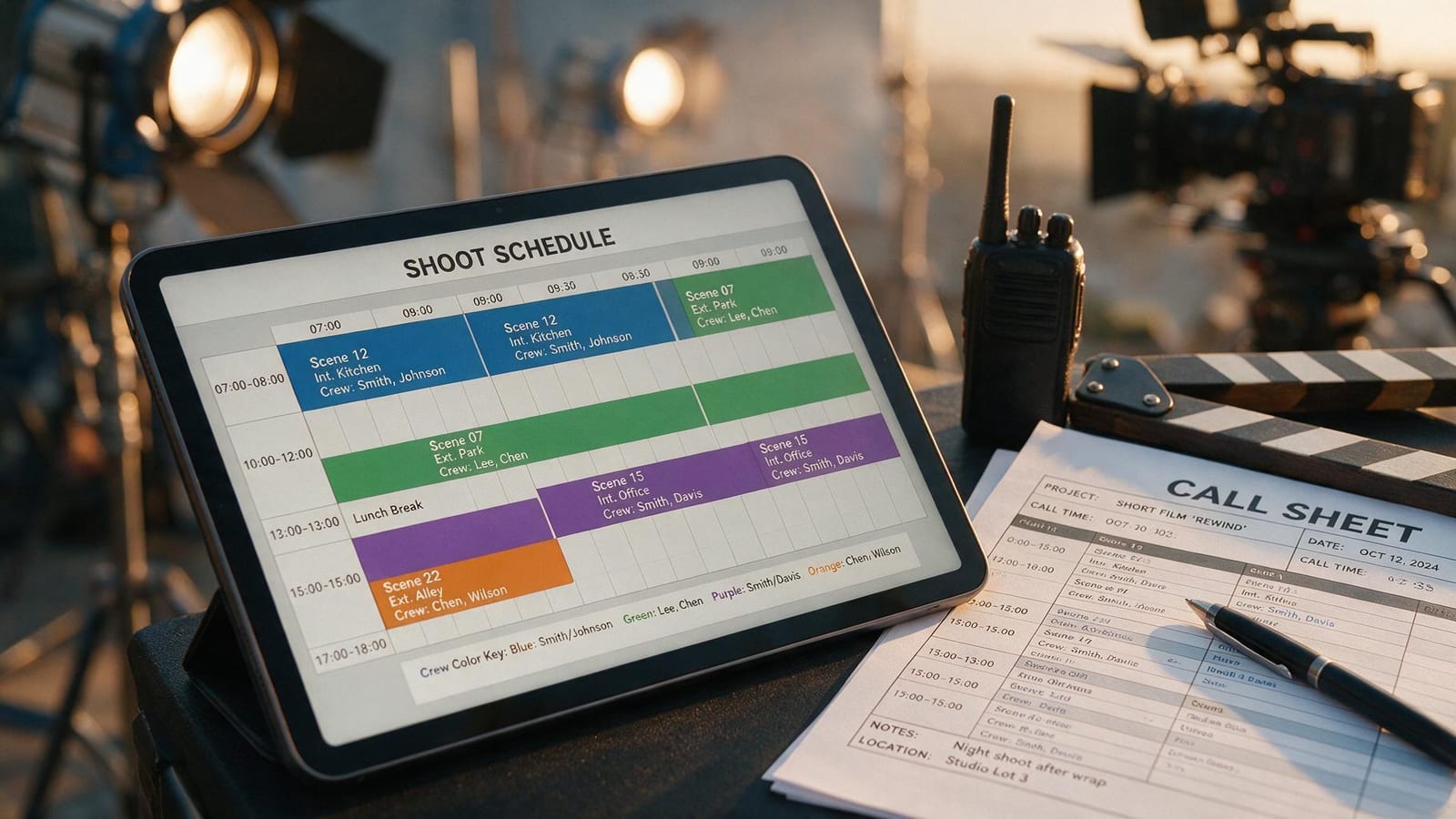 Tablet mit einem Drehplan als Zeitleiste neben einem ausgedruckten Callsheet, einem Funkgerät und einer Filmklappe, im Hintergrund unscharf Scheinwerfer und Kamera