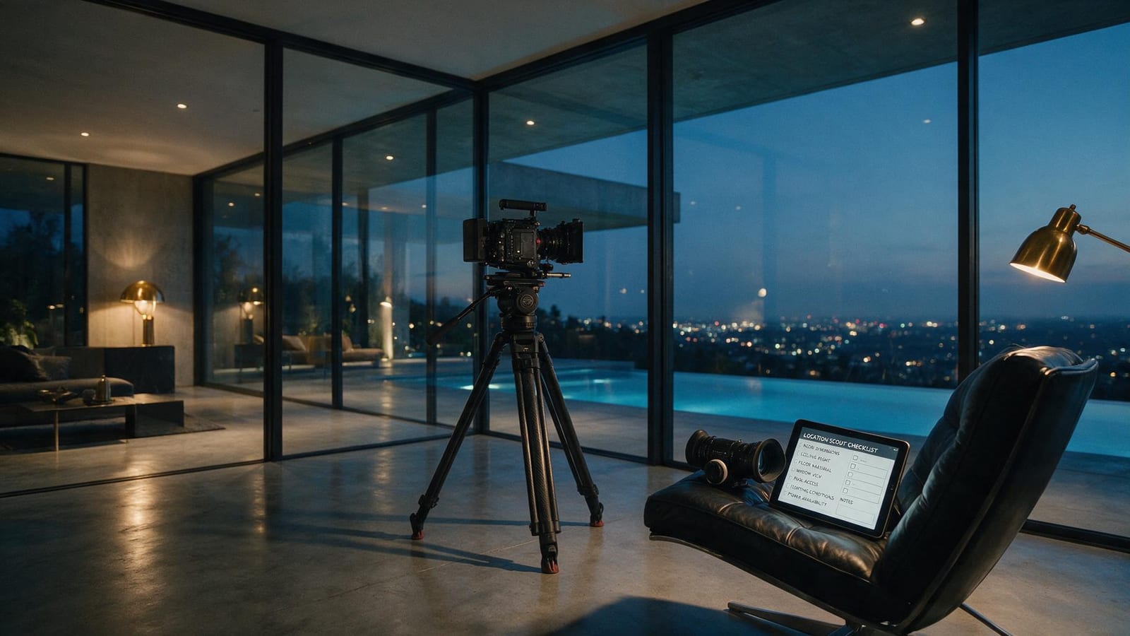 Ein Filmemacher von hinten mit einem Sucher in der leeren Lobby eines Hotels mit Marmorboden und geschwungener Treppe, auf einem Sessel eine Kameratasche und eine Location-Checkliste