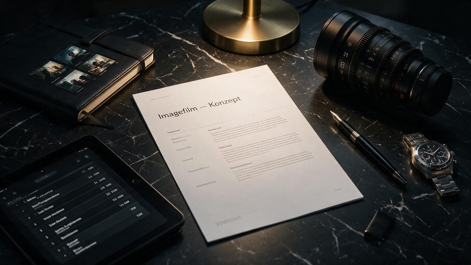 Schreibtisch von oben: ein Konzeptpapier mit der Überschrift „Imagefilm — Konzept“, ein Drehbuch mit Bleistiftnotizen, ein Notizbuch mit kleinen Bildskizzen und ein Tablet mit einer Shotlist