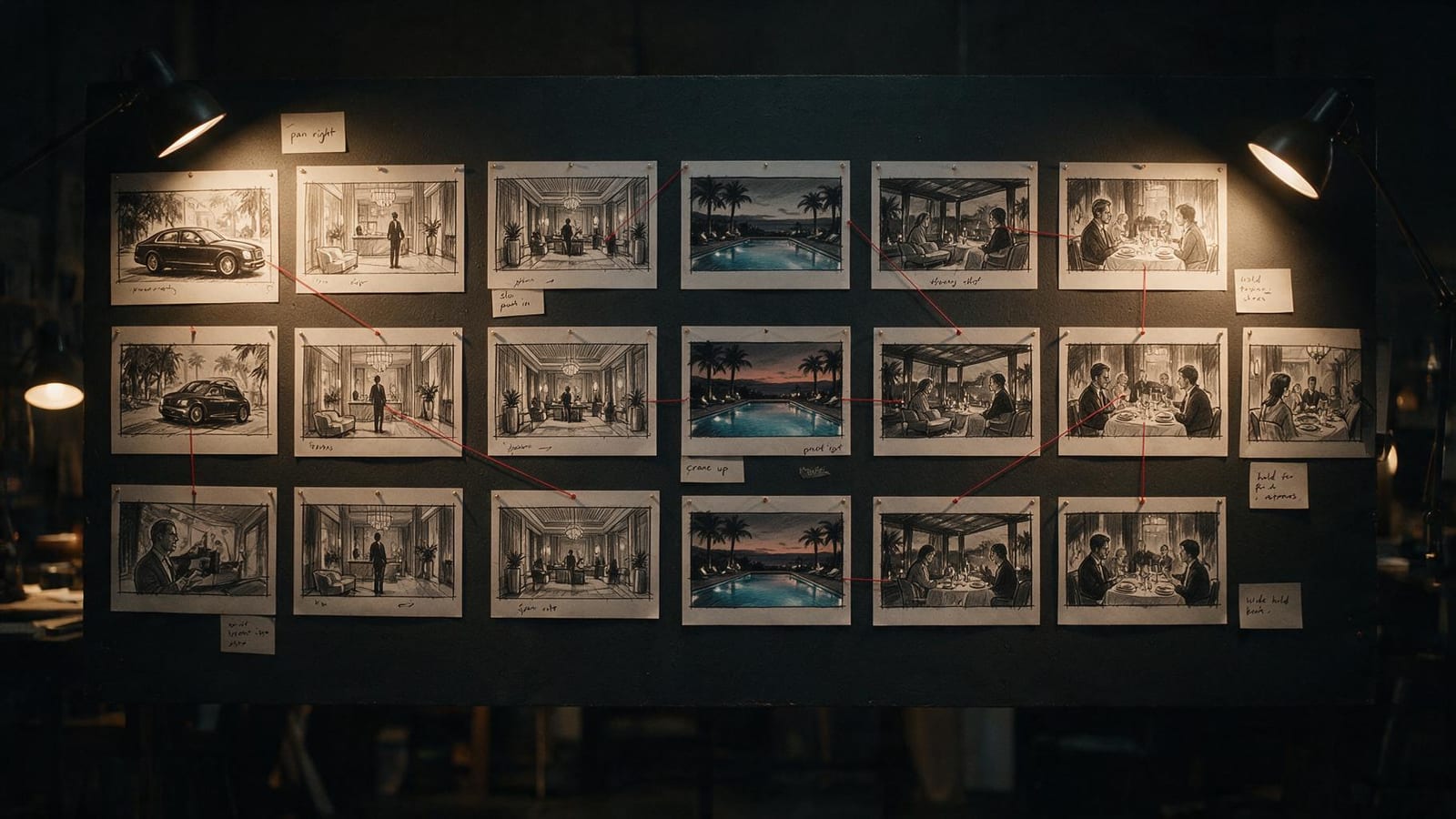 Wand in einem abgedunkelten Studio mit drei Reihen gezeichneter Storyboard-Bilder für einen Hotelfilm: Ankunft im Auto, Lobby, Pool in der Dämmerung, Abendessen, verbunden mit rotem Faden