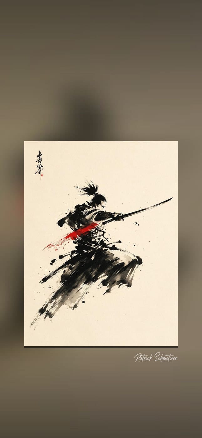 Samurai mit Schwert in Tusche mit rotem Akzent