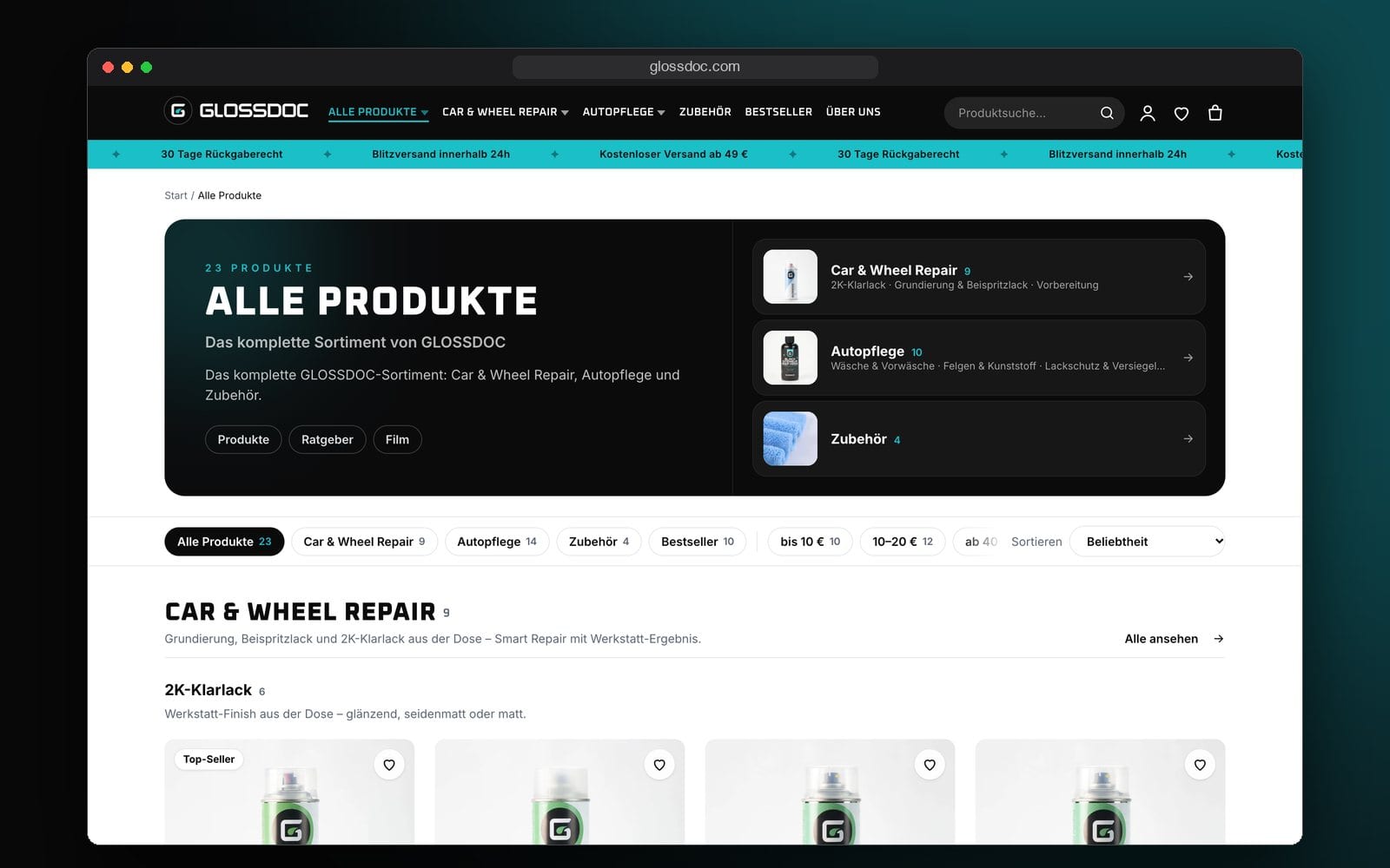 Die Seite „Alle Produkte“ von GLOSSDOC im Browser mit Kategorien, Filtern und Preisspannen