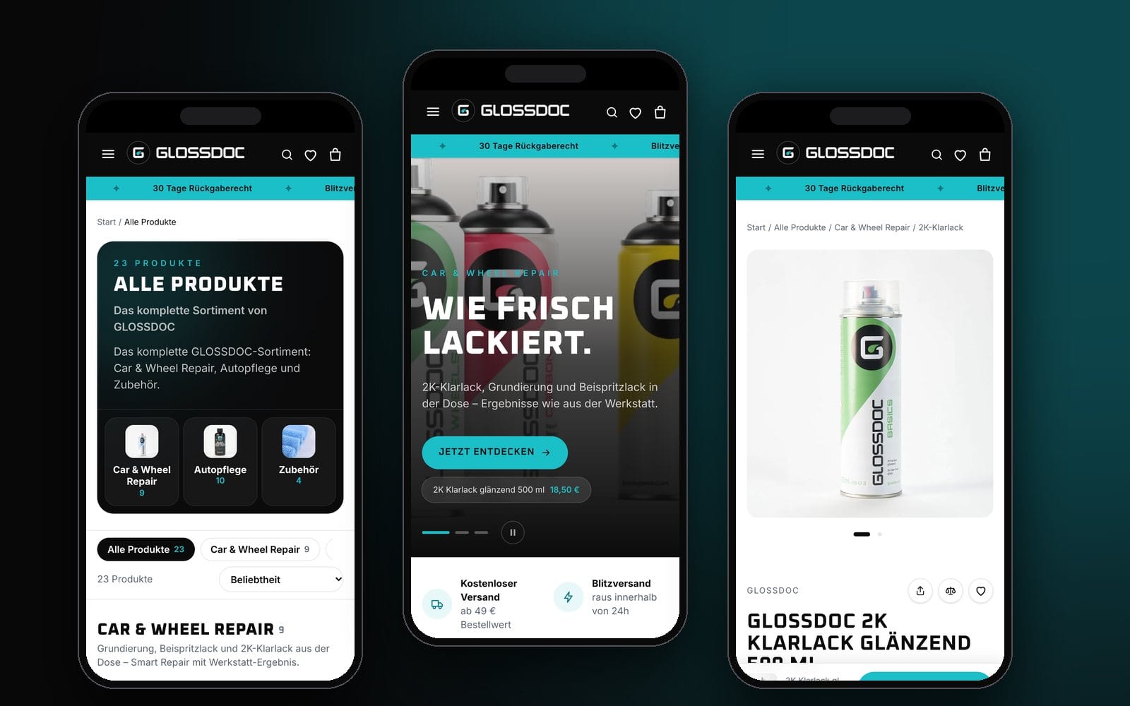 Drei Smartphones mit der Produktübersicht, der Startseite und einer Produktseite von GLOSSDOC