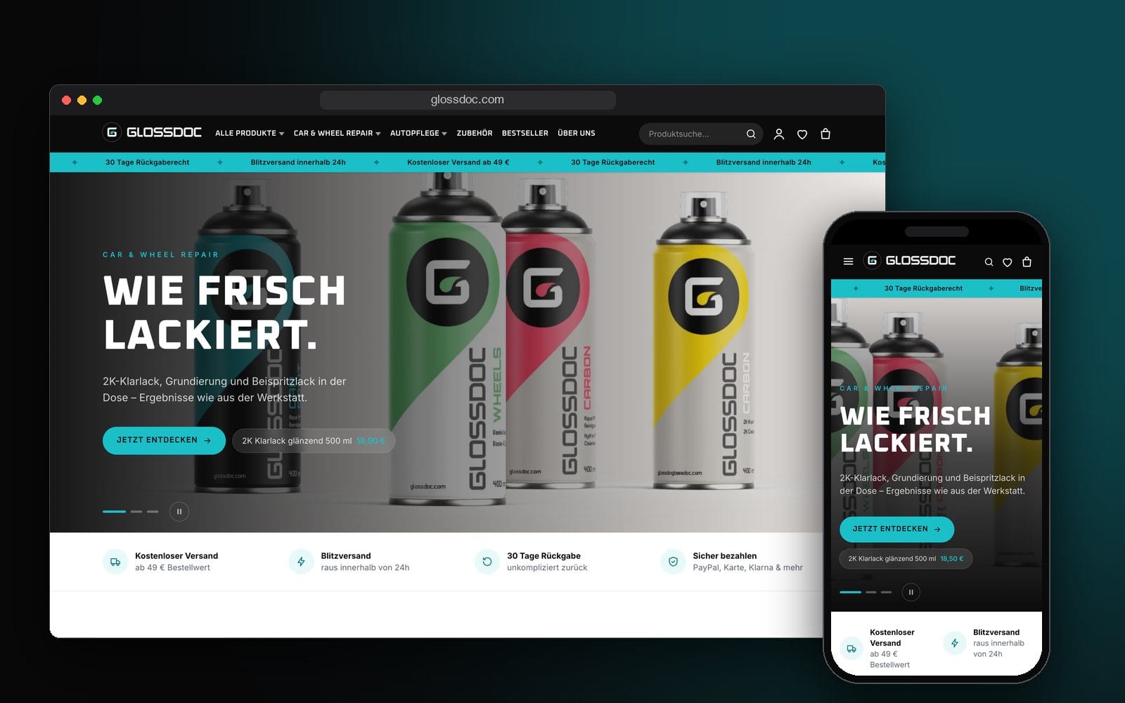 Startseite von GLOSSDOC im Browser und auf dem Smartphone: „Wie frisch lackiert.“ mit drei Lackdosen
