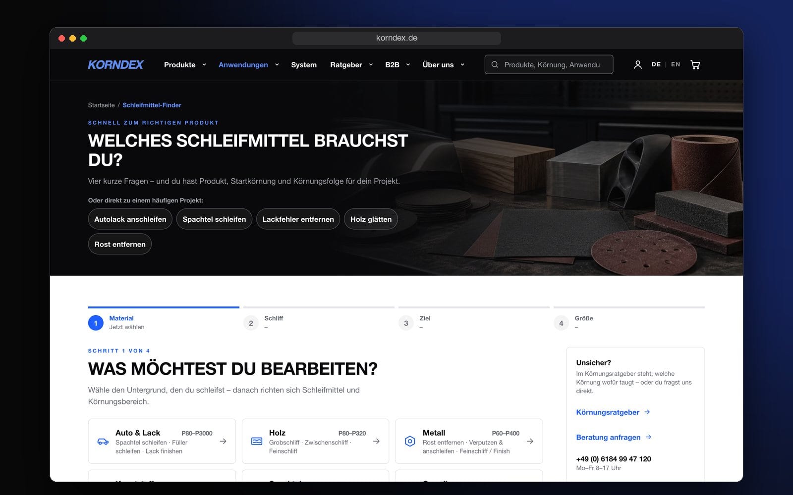 Der Schleifmittel-Finder von KORNDEX im Browser: Schritt 1 von 4, „Was möchtest du bearbeiten?“