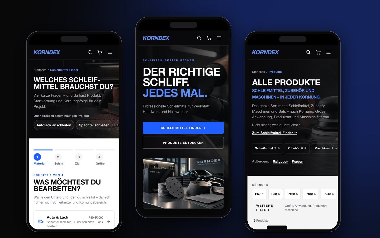 Drei Smartphones mit dem Finder, der Startseite und der Produktübersicht von KORNDEX