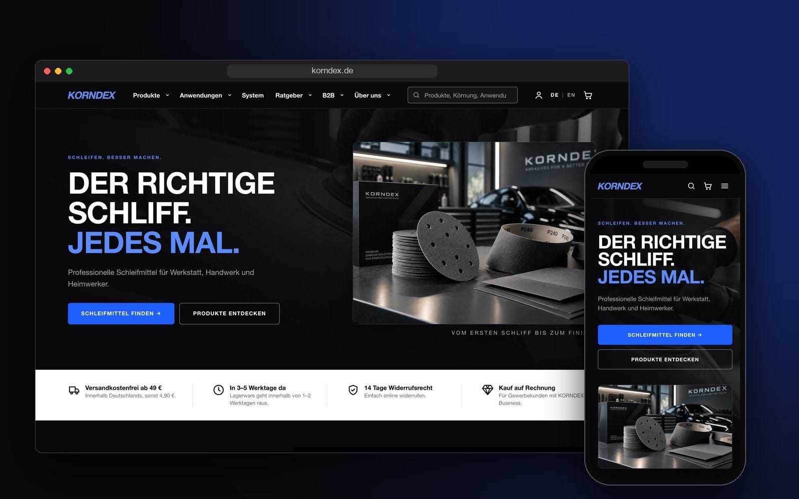Startseite von KORNDEX im Browser und auf dem Smartphone: „Der richtige Schliff. Jedes Mal.“ mit Schleifscheiben im Bild