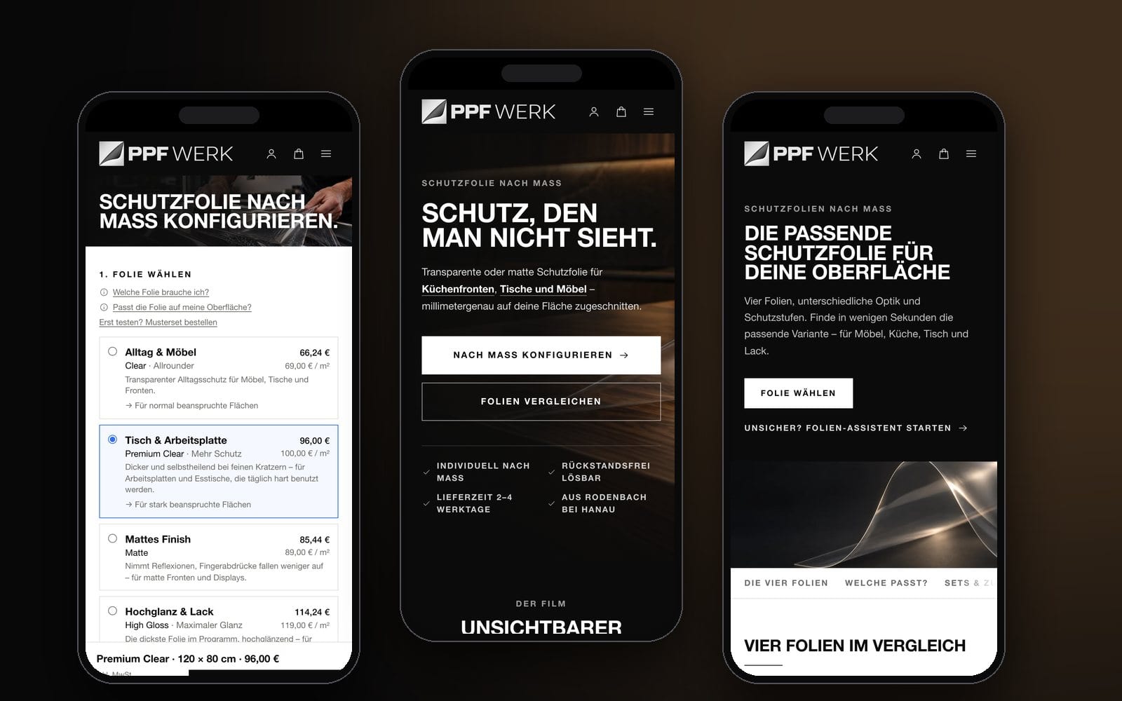 Drei Smartphones mit dem Konfigurator, der Startseite und dem Folienvergleich von PPF WERK