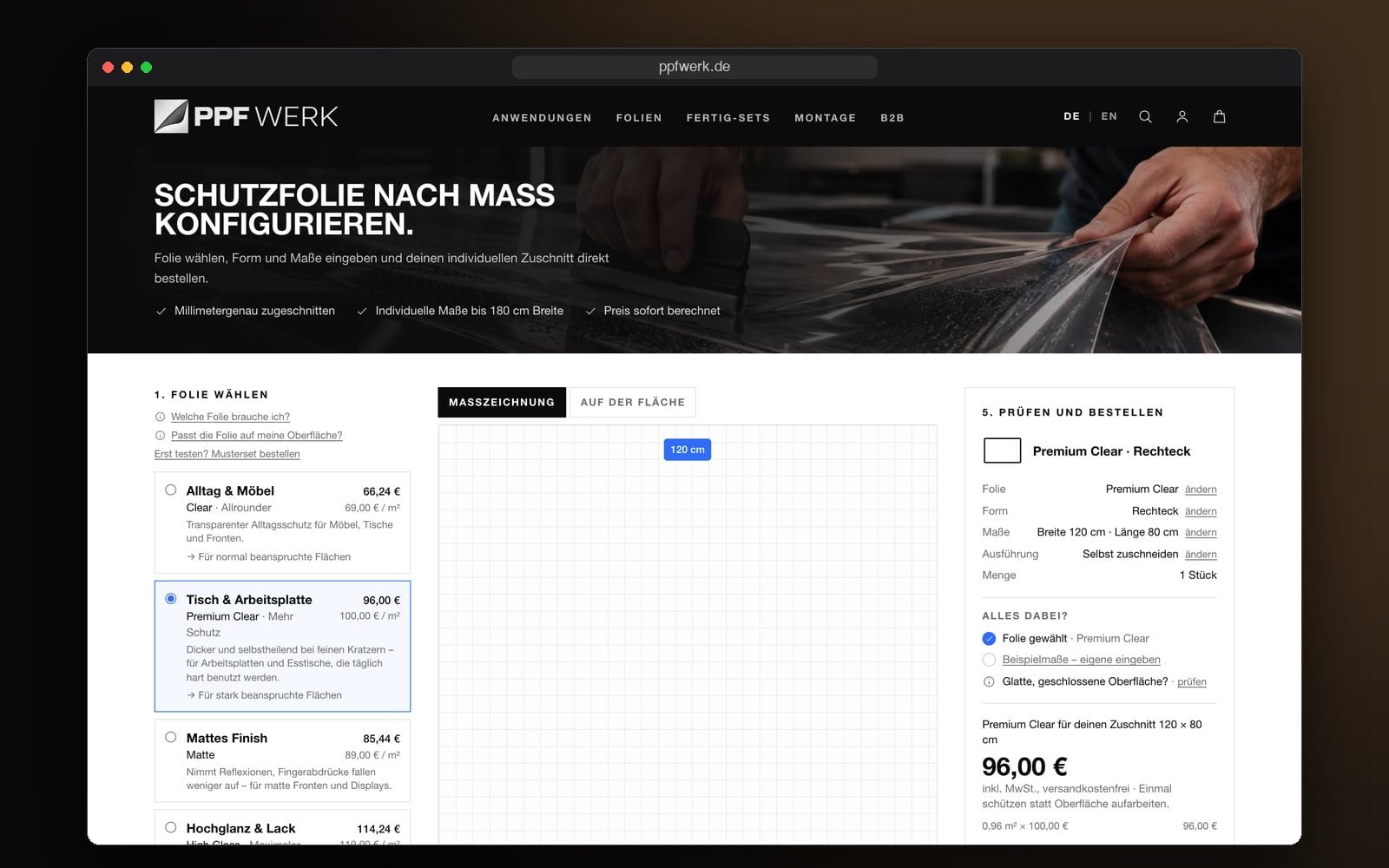 Der Folien-Konfigurator von PPF WERK im Browser mit Folienwahl, Maßzeichnung und Preis