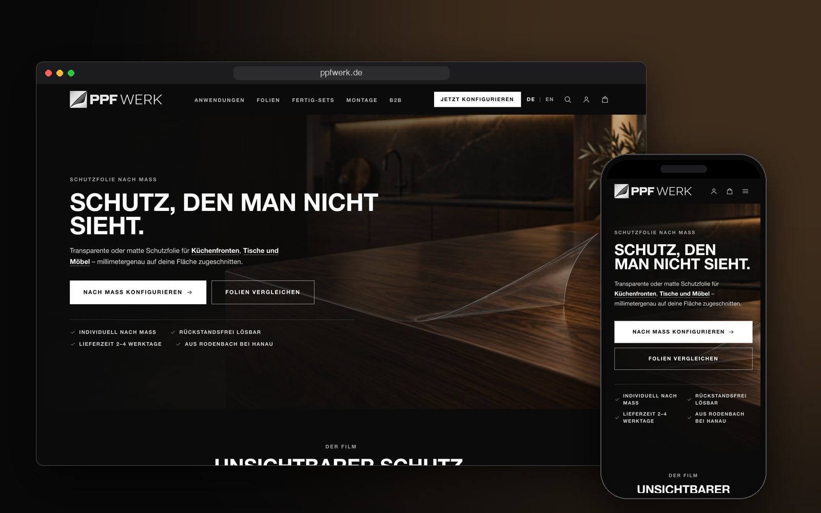 Startseite von PPF WERK im Browser und auf dem Smartphone: „Schutz, den man nicht sieht.“ mit einer Tischplatte aus Holz